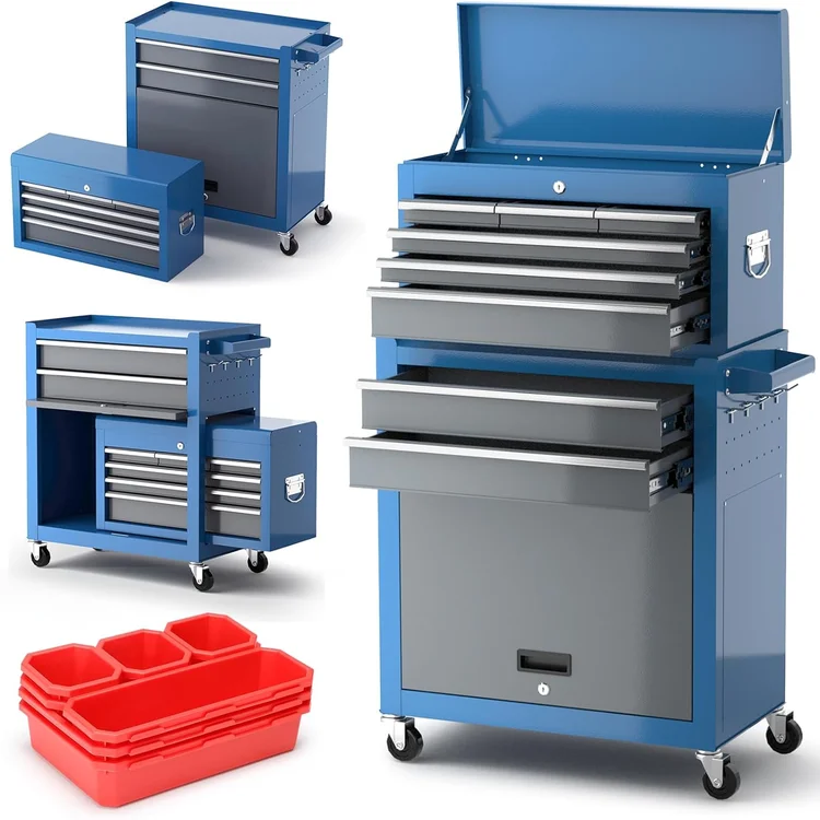 Blue portabletoolchest with multiple drawers and red storage bins