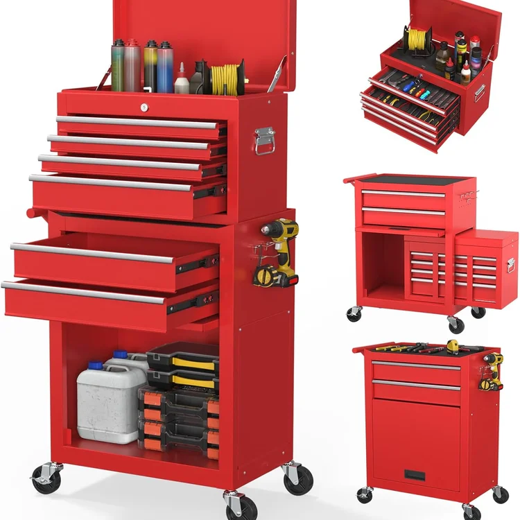 Red portabletoolchest with multiple drawers and organized tools