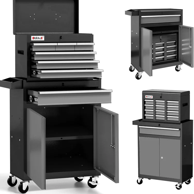 Black portabletoolchest with multiple drawers and wheels for easy mobility