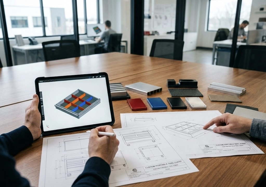 Designers reviewing portabletoolchest prototype on tablet and blueprints