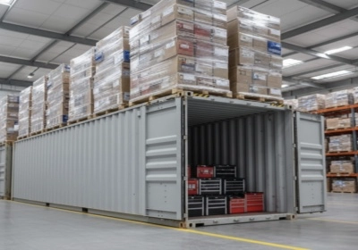 Shipping container filled with portabletoolchest units in warehouse setting