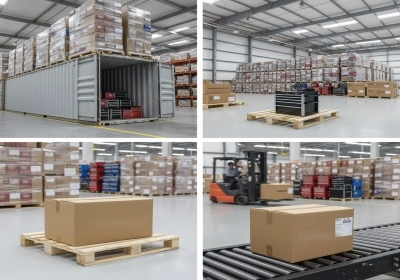 Warehouse with stacked portabletoolchests and boxes on pallets
