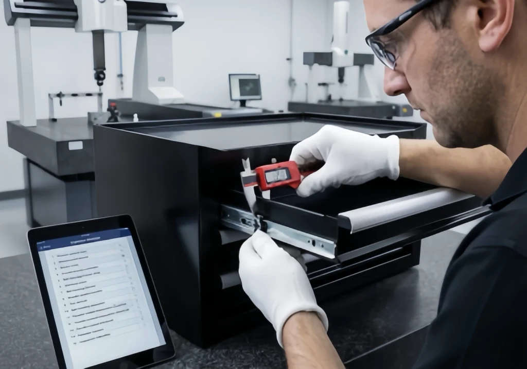 Technician measuring drawer dimensions on portable tool chest in workshop