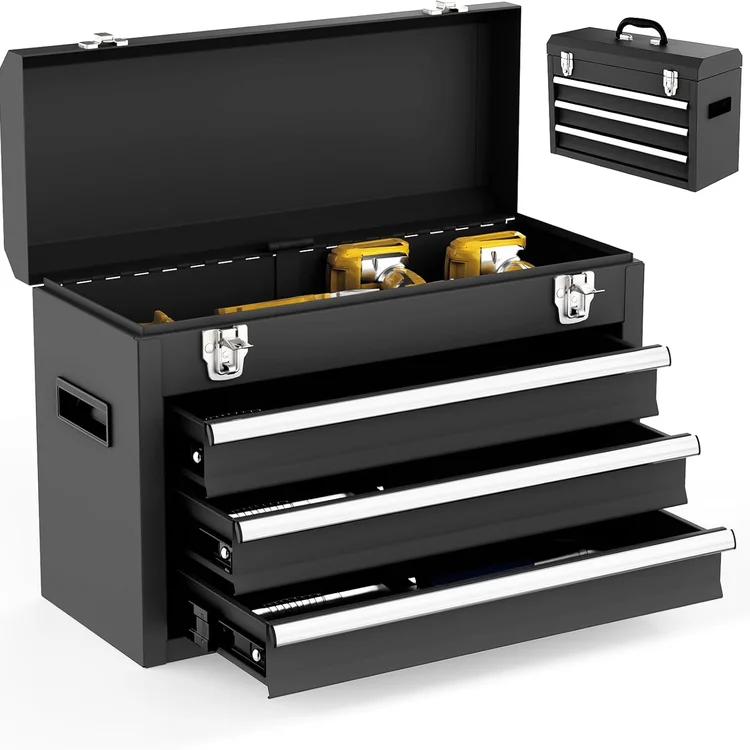 Black portabletoolchest with open drawers and yellow tools inside