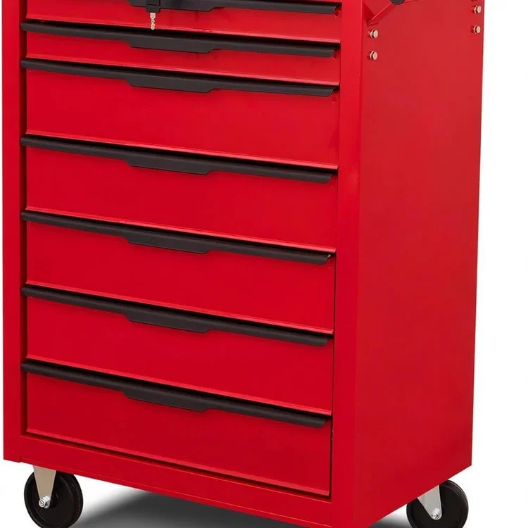 Red portabletoolchest with multiple drawers and caster wheels