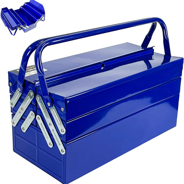 Blue portabletoolchest with multiple compartments and sturdy handle