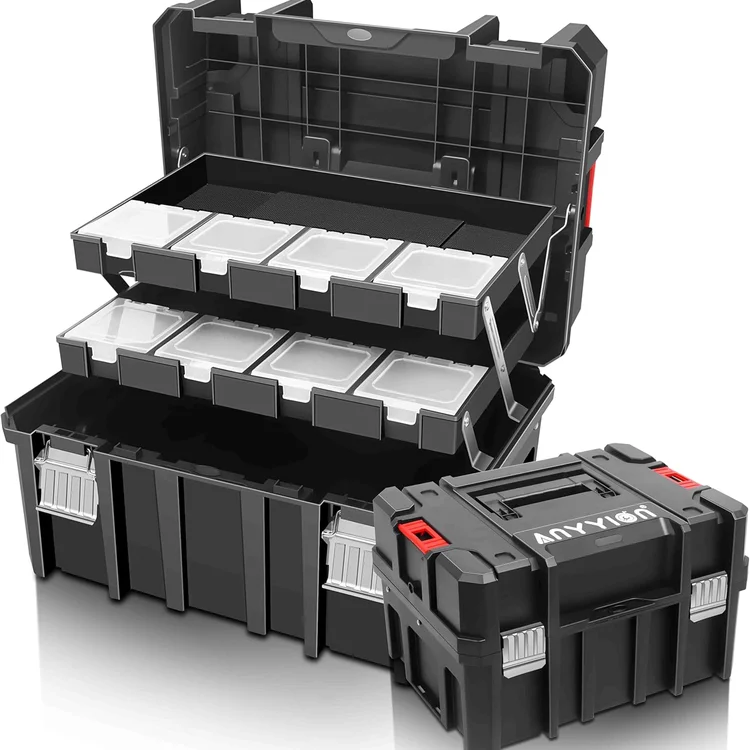 Black portabletoolchest with multiple compartments and transparent lids