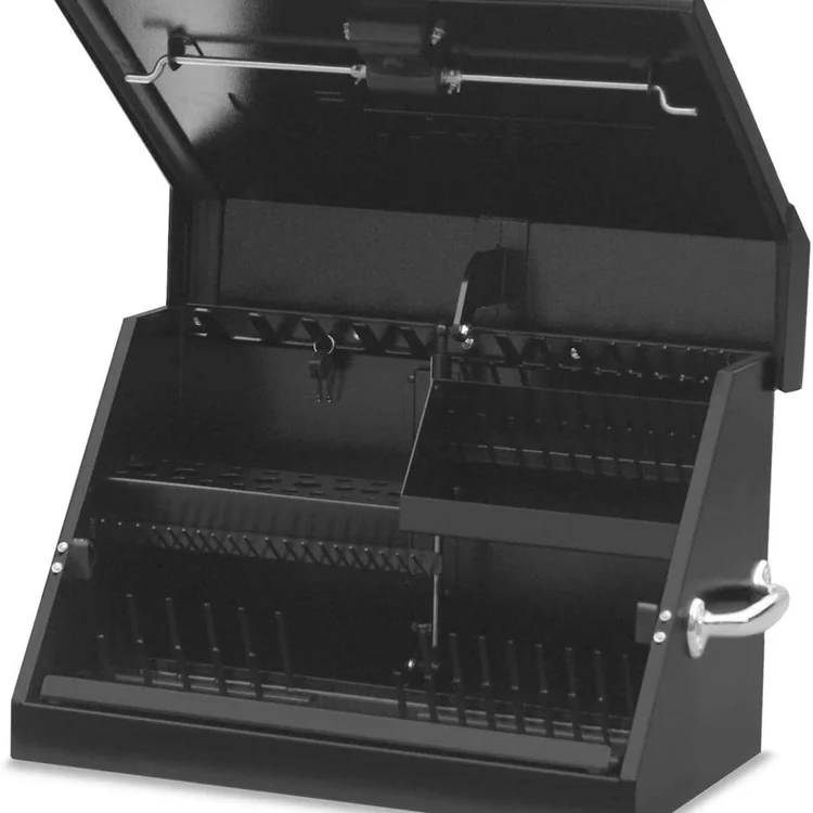 Black portabletoolchest with open lid showing organized compartments