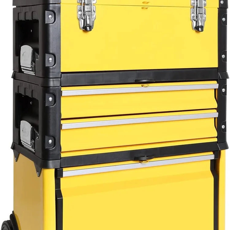 Yellow portabletoolchest with multiple compartments and secure latches