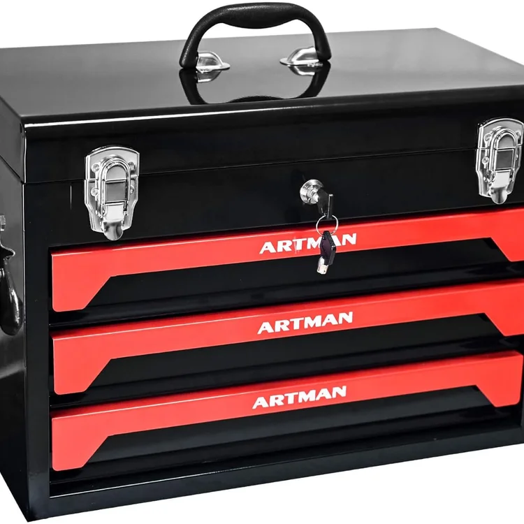 Black and red portabletoolchest with secure locks and handle