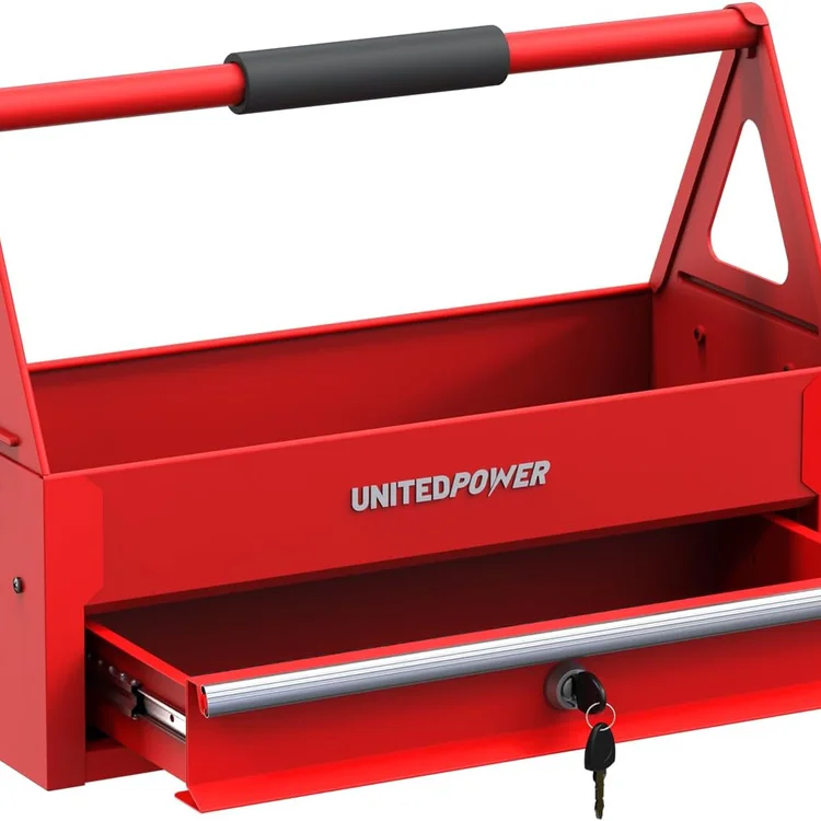 Red portabletoolchest with open drawer and locking mechanism