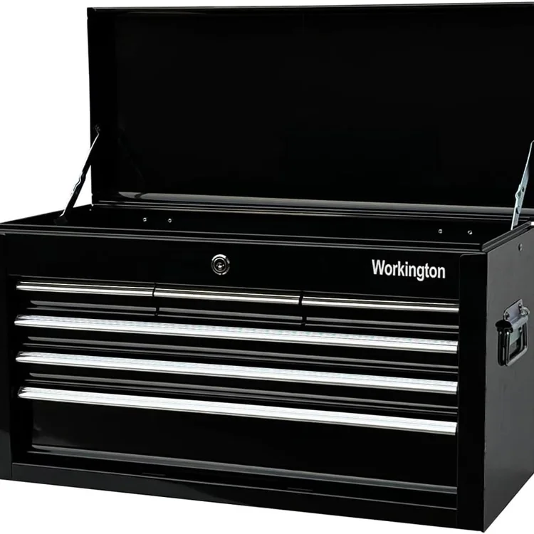 Black portabletoolchest with open lid and multiple drawers