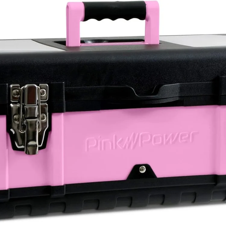 Pink portabletoolchest with black handle and secure metal latches