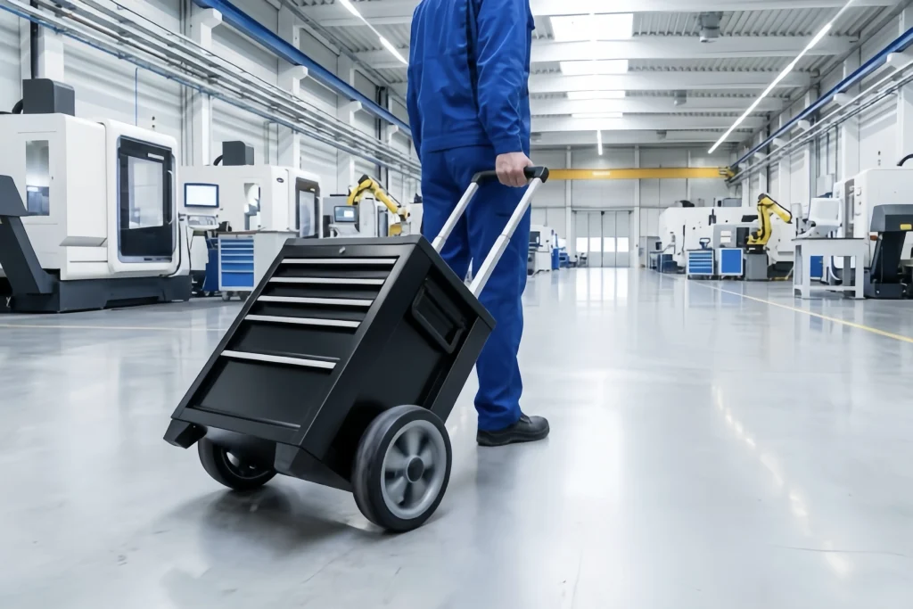 Portable tool chest being wheeled through a modern workshop environment