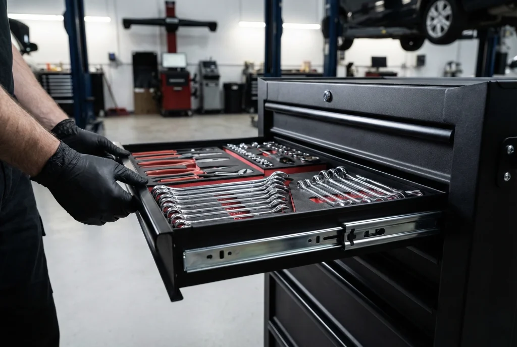 Mechanic opening portabletoolchest drawer with organized wrenches and tools