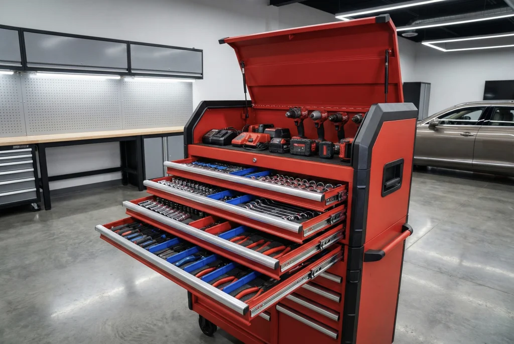 Red portabletoolchest with open drawers showing tools in garage workshop