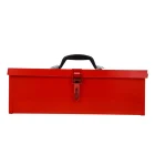 Red portable tool chest with a black handle and secure latch closure